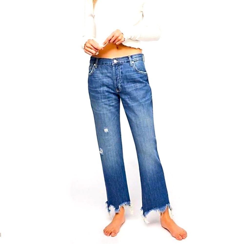 Free People We the Free Maggie Mid Rise Distressed Hem Straight Jeans Size 28